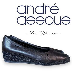 Andre Assous Spain Geometric Perforated Braided Trim Low Wedge Leather Shoes